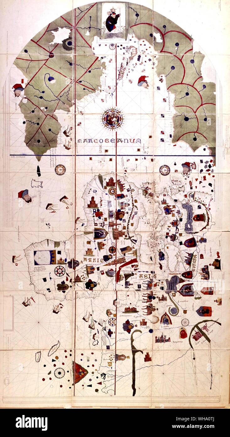 The earliest map showing both Old and New Worlds, drawn in 1500 by Juan de la Cosa, who sailed with Columbus on the second voyage. Unknown lands are coloured the traditional green. Stock Photo