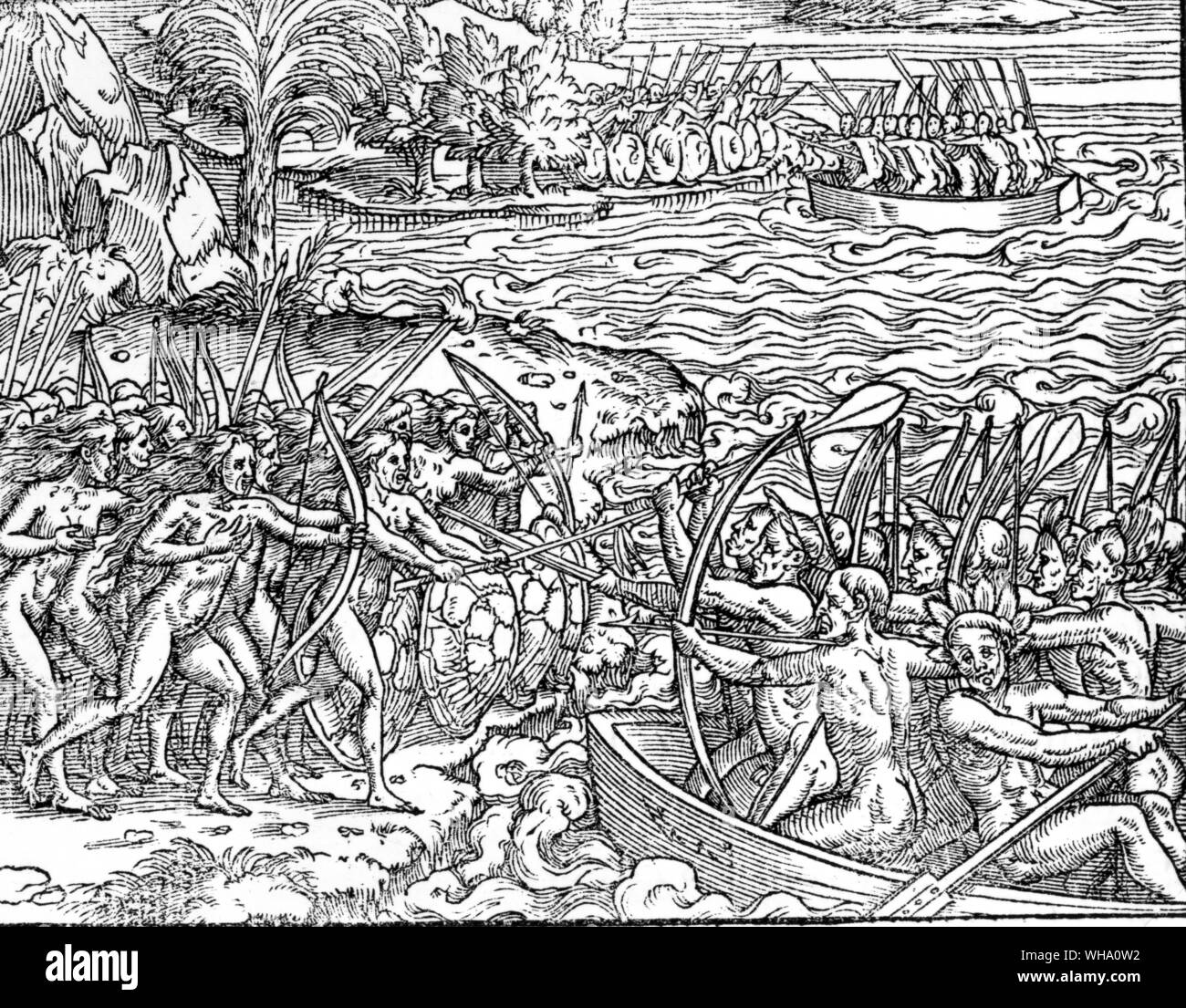 Amazons in battle, by Jacques Thevet, 1558 Stock Photo