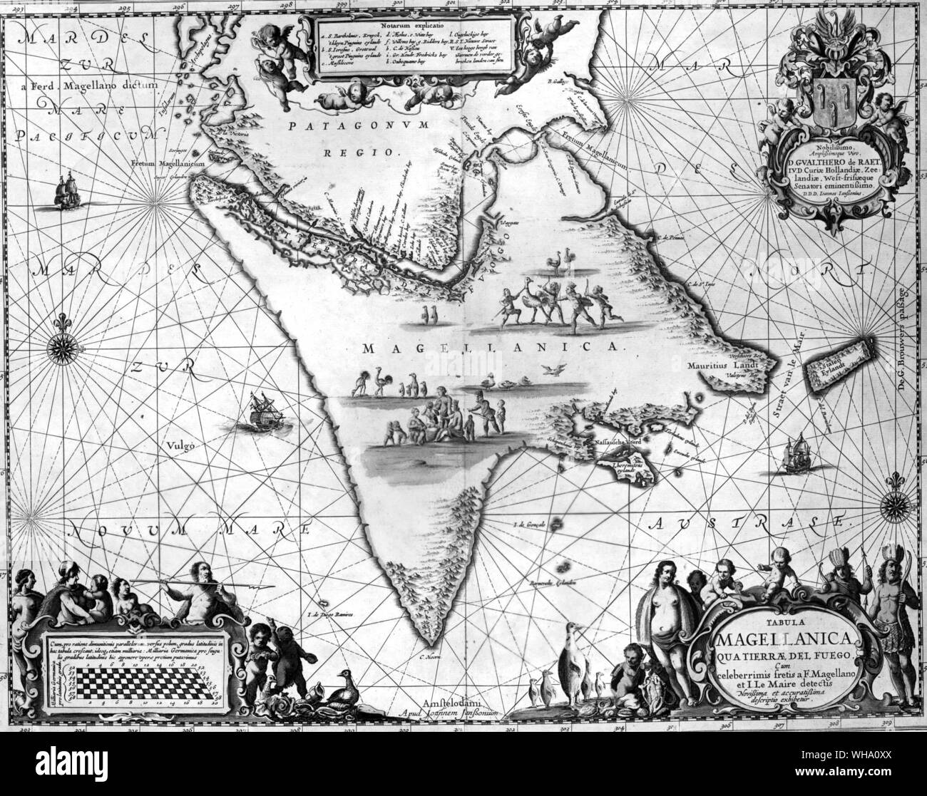 The Magellan Straits, from a sixteenth-century map. In the Tierra del Fuego an idyllic family group sits among rheas, penguins and geese while the warriors go hunting. Stock Photo