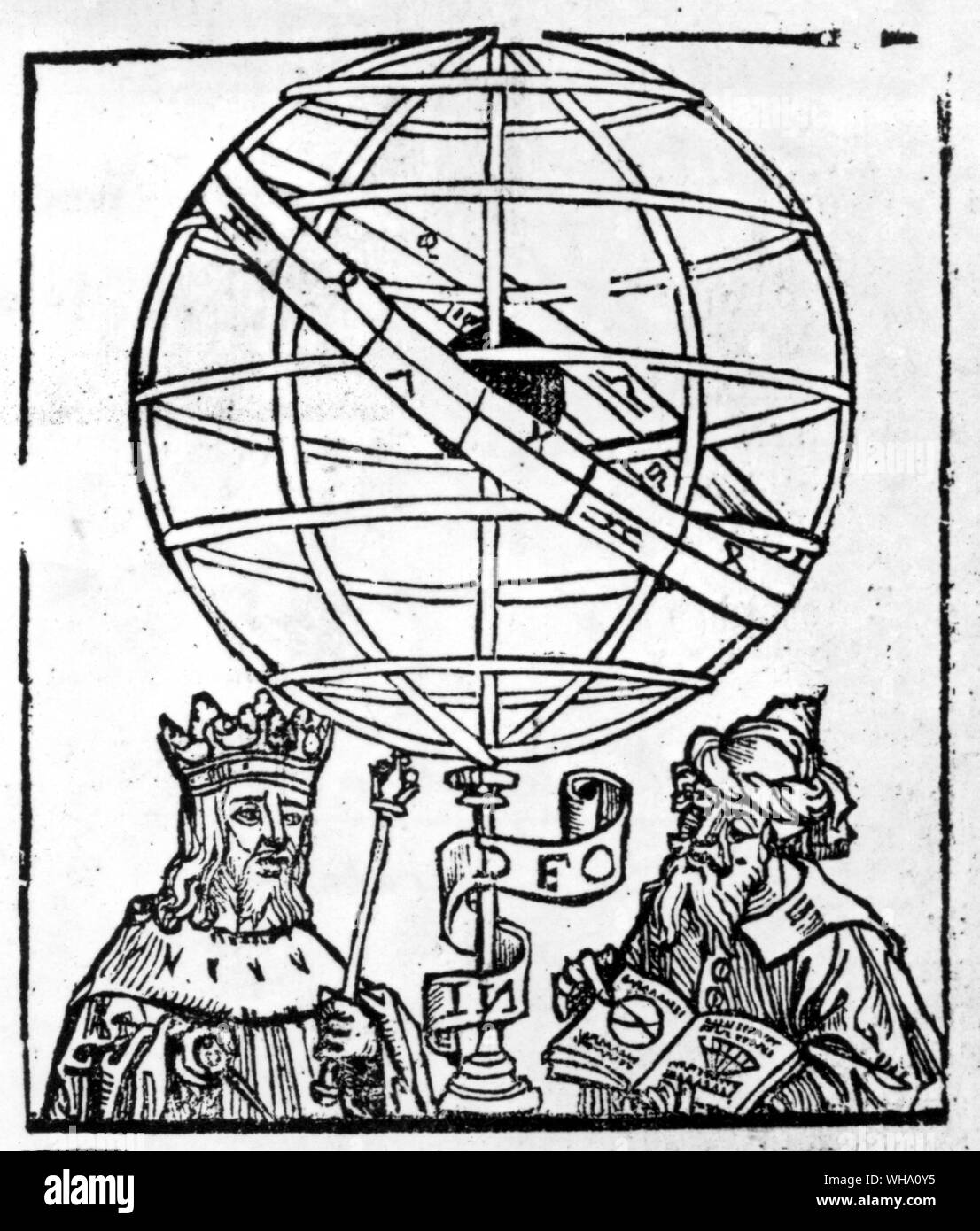 Frontispiece from Sacrobosco's Treatise of the Sphere - Reliable information about the life of Johannes de Sacrobosco is scarce, and standard sources such as the Dictionary of Scientific Biography have unfortunately included as fact material deriving from the speculations and inventions of sixteenth- and seventeenth-century antiquarians. On the basis of a statement made in 1271 by his commentator Robertus Anglicus, he is believed to have been of English origin; his name is frequently anglicised as John of Holywood. At some time in the earlier part of the thirteenth century (according to a Stock Photo