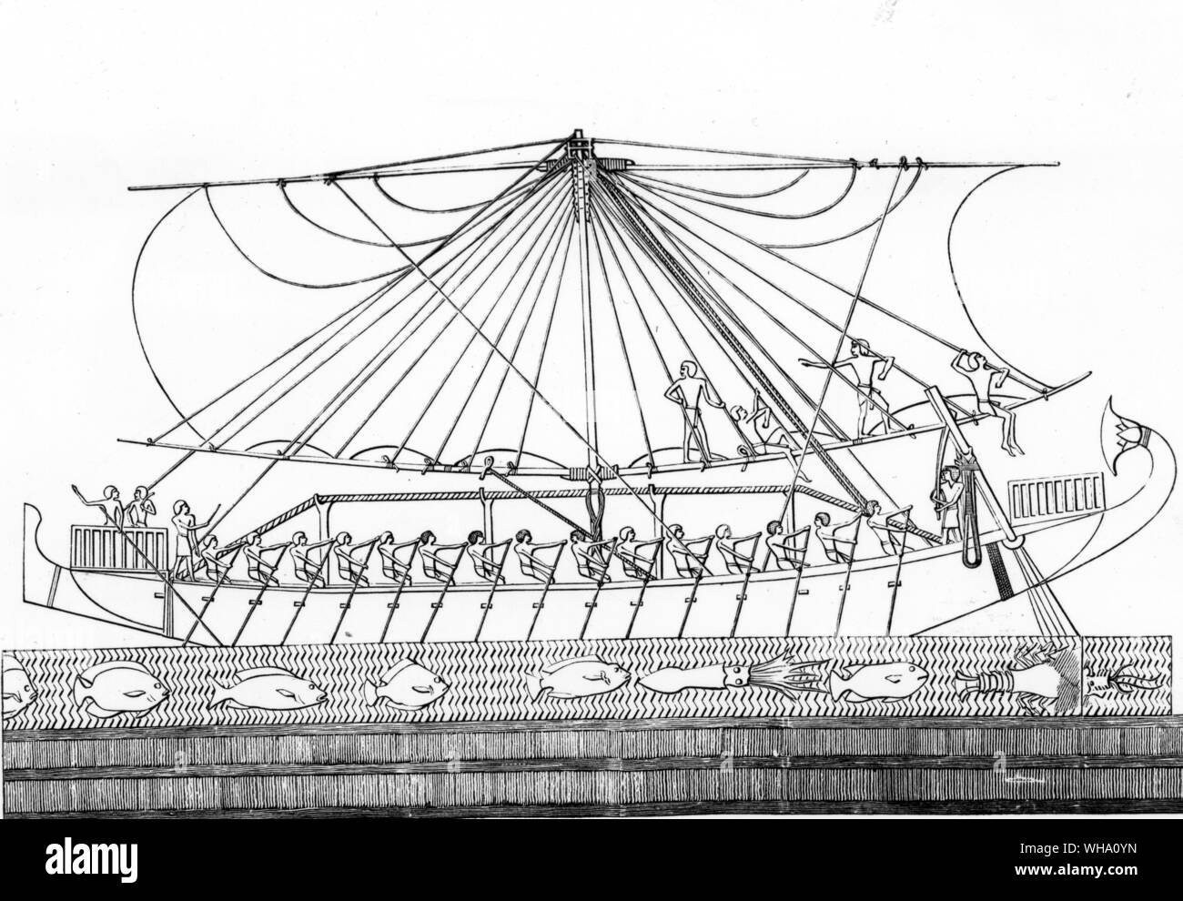 One of Hatshepsut's ships of the Punt expedition of about 1600 BC, from a relief in her tomb at Dair al Bahri Stock Photo