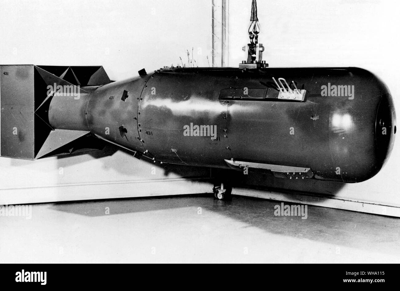 WW2: Nuclear weapon of the Little Boy type, the kind that was detonated over Hiroshima, Japan in 1945. It weighed just over 9,000 pounds and has a yield over c.20,000 tons of high explosive. Stock Photo