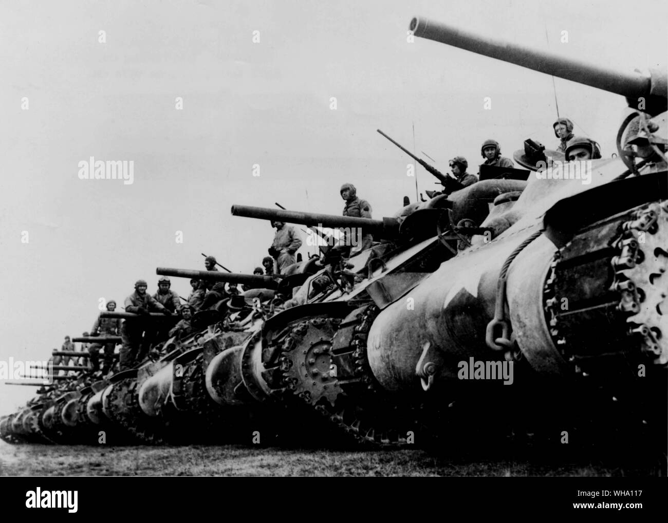 WW2: All set for action - medium US Army tanks prepare to go forward. Sherman tanks. Stock Photo