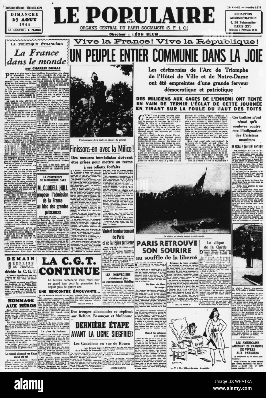 WW2: Liberation of Paris. 'Le Populaire',  socialist newspaper front page of 27th August 1944. Stock Photo