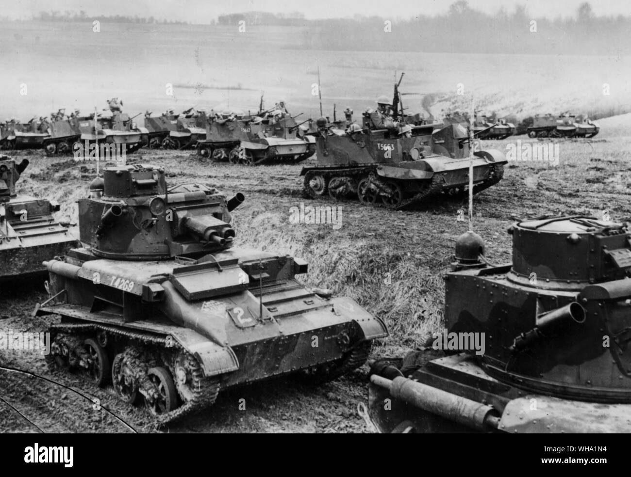 WW2: Tanks in training in France. An exercise with a mechanised cavalry regiment at Funvillers, 19th March 1940. Tanks move forward. Stock Photo
