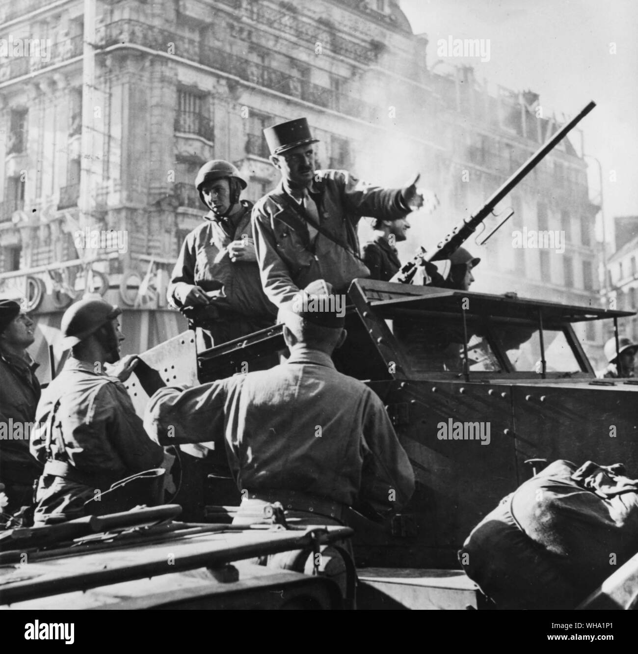 WW2: French Commander enters Paris. General Leclerc as he rode to Bvd. Montparnasse in the battle for Paris, 25th August 1944. Stock Photo