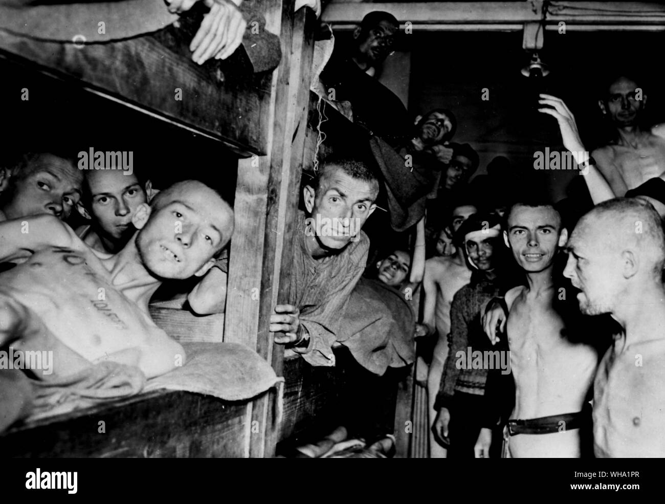 WW2: Gaunt, starved prisoners, typical of those liberated from German concentration camps by allied forces. Note the identification tattooing on the chest of the man on the left. Stock Photo