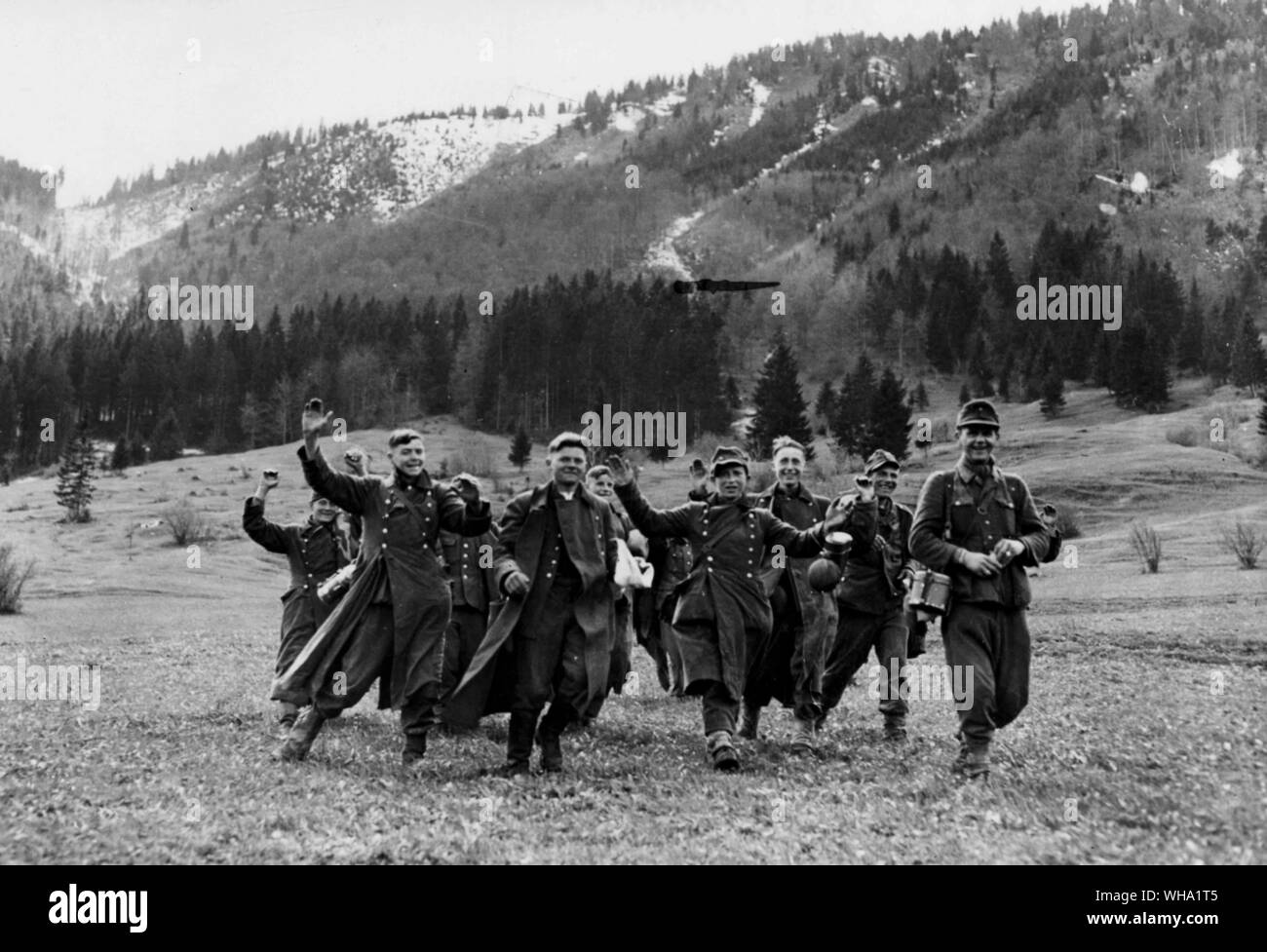 WW2: Nazi troops surrender at Oberammergau. 1945. Stock Photo
