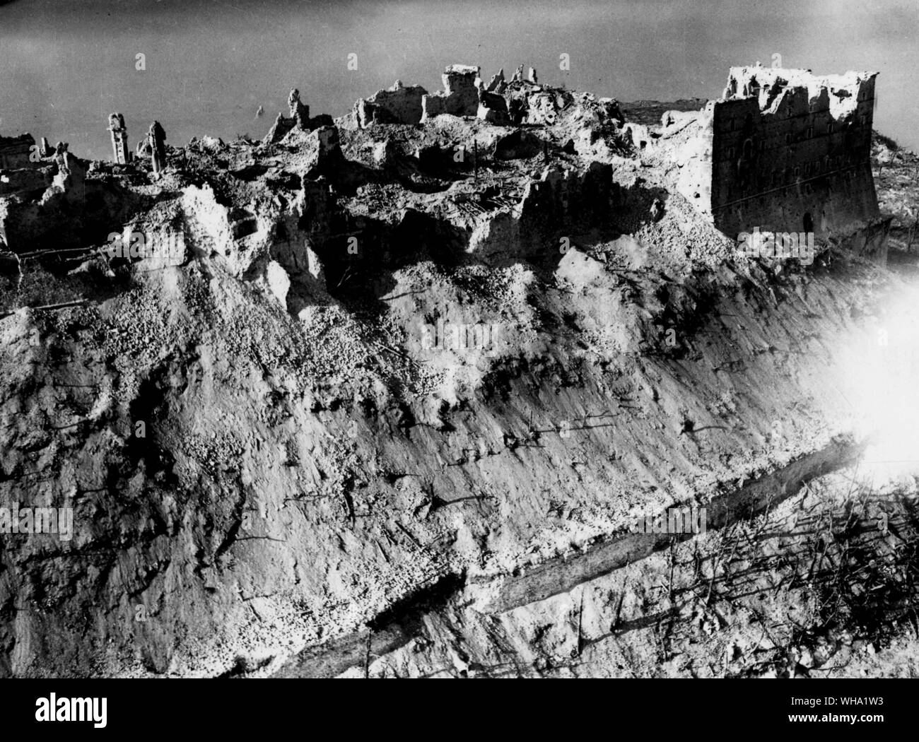 WW2: Cassino captured by allied troops during the final assault on the town carried out by British troops, while Polish troops took the monastery. View of the abbey on Monastery Hill after capture by allied troops, taken from the air. Stock Photo
