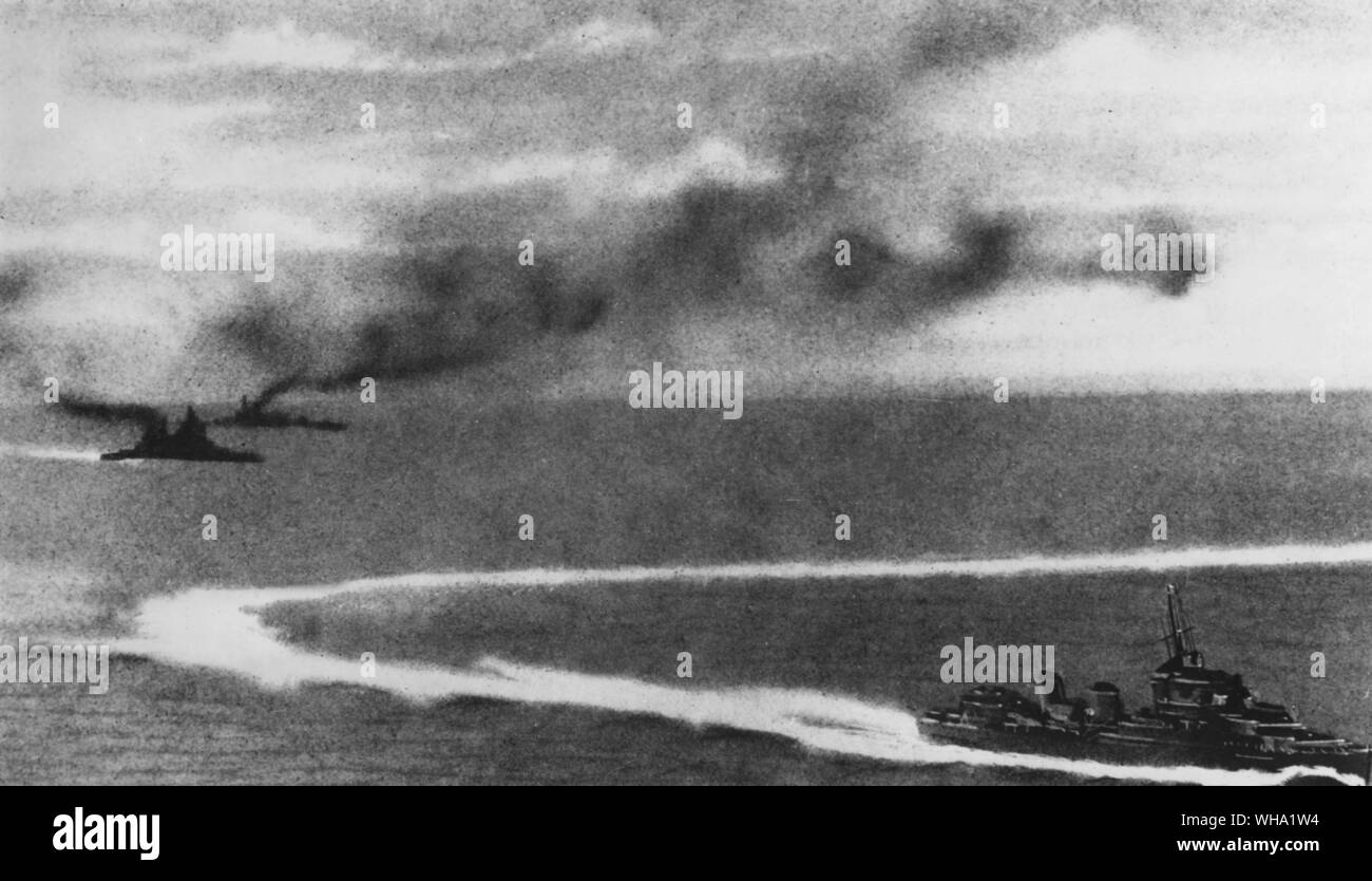 WW2: The warships, 'Prince of Wales' and 'Repulse' after being hit by Japanese torpedoes off Kirantan, 10th Dec. 1941. Stock Photo
