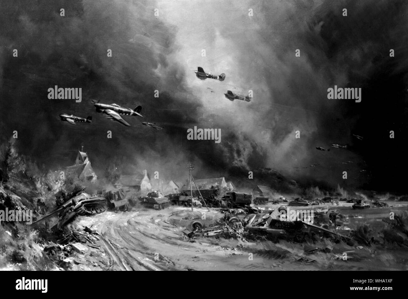 WW2: Rocket firing typhoons at the Falaise Gap, Normandy, 1944. Art work by Frank Wootton. Stock Photo