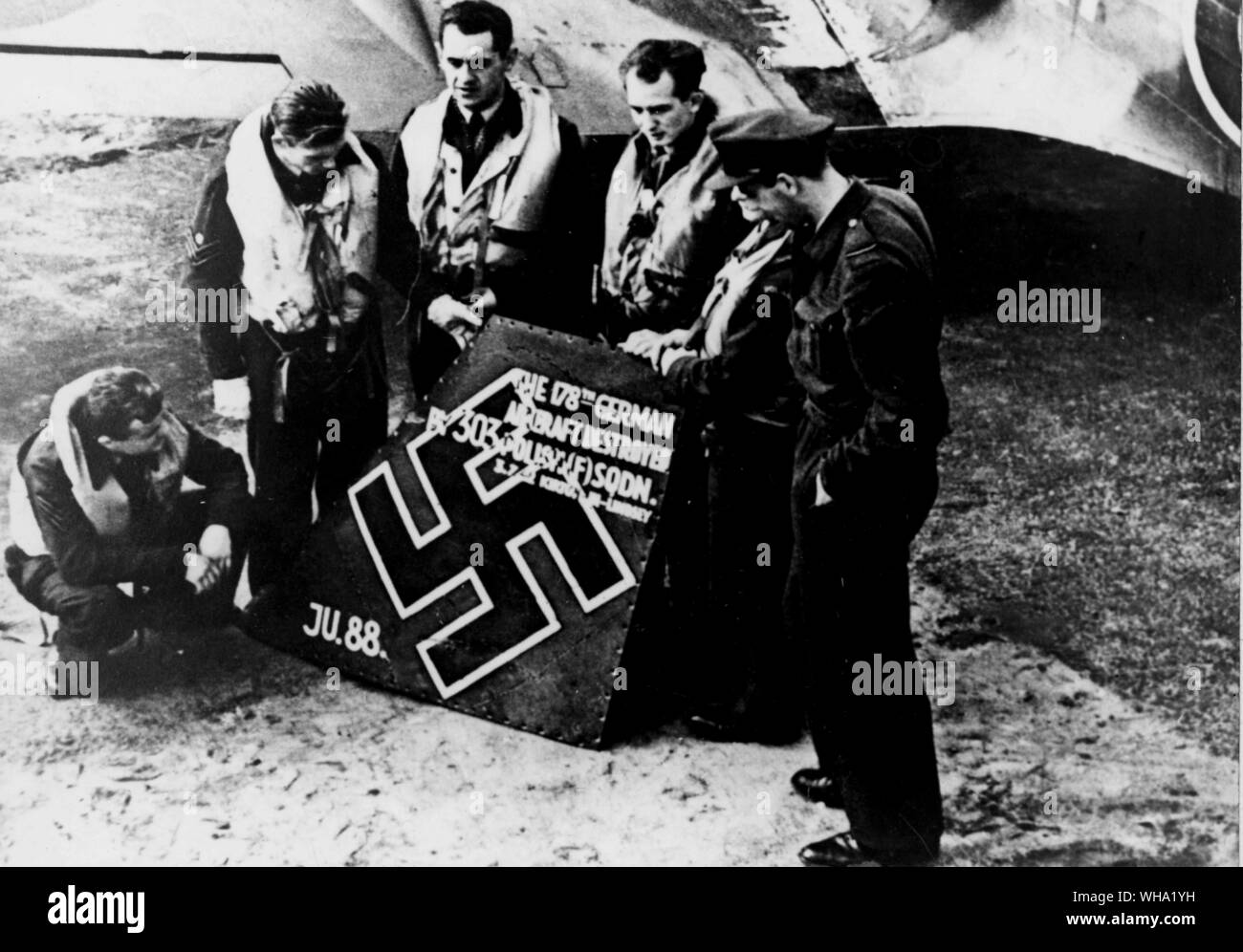 WW2: RAF squadron with sign saying how many German planes they had shot down. Stock Photo