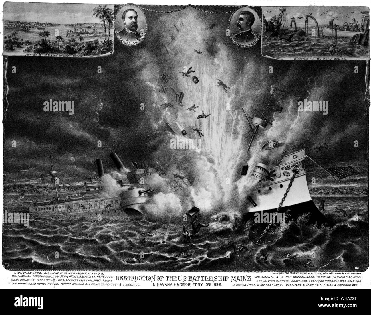 SpanishAmerican war. In Havana Harbour, Feb 15th 1898.. Destruction of the battleship, US Maine