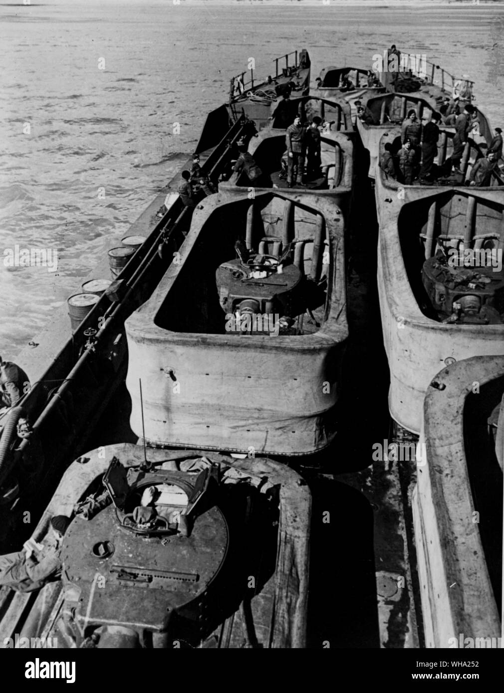 WW2: Normandy assault. Tanks on board ships nearing France. Stock Photo