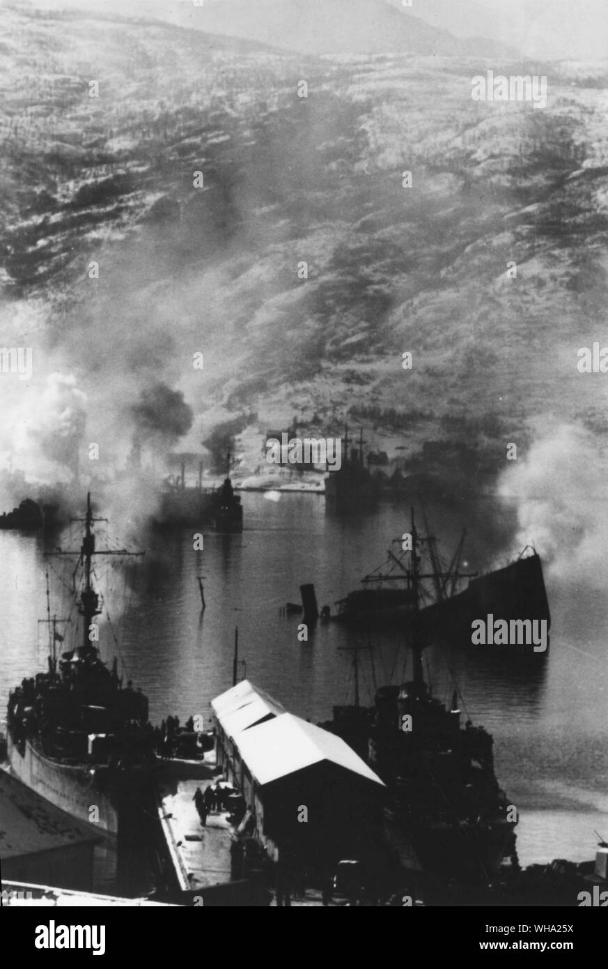 WW2: Wrecked shipping in Narvik Bay after attack by British warships (1st Battle of Narvik, 10th April 1940). Stock Photo