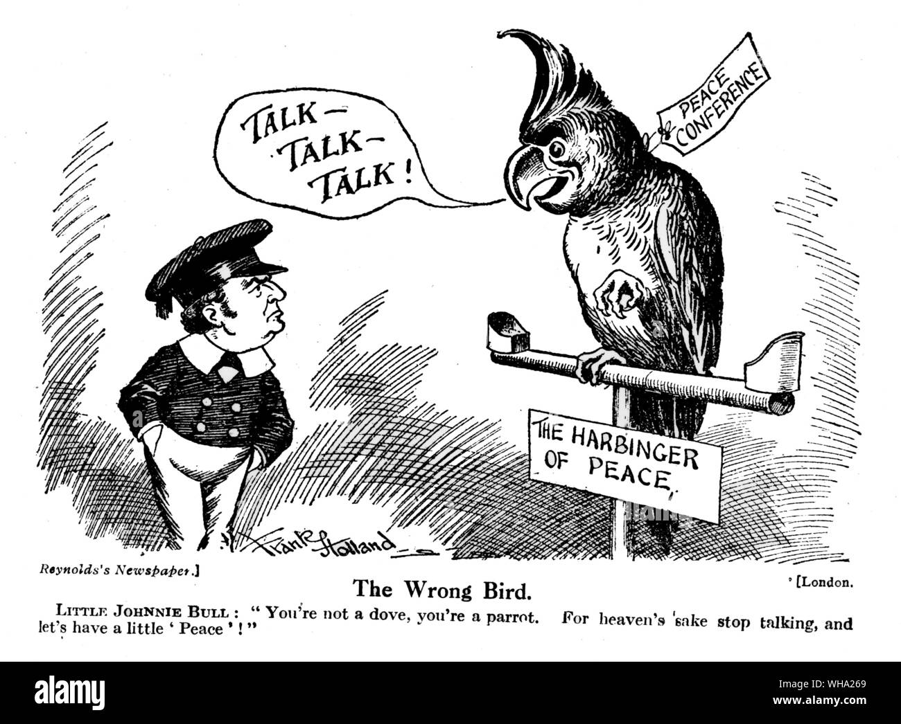 WW2: 'The Wrong Bird' cartoon. Little Johnnie Bull caricature. Reynold's newspapers. Stock Photo