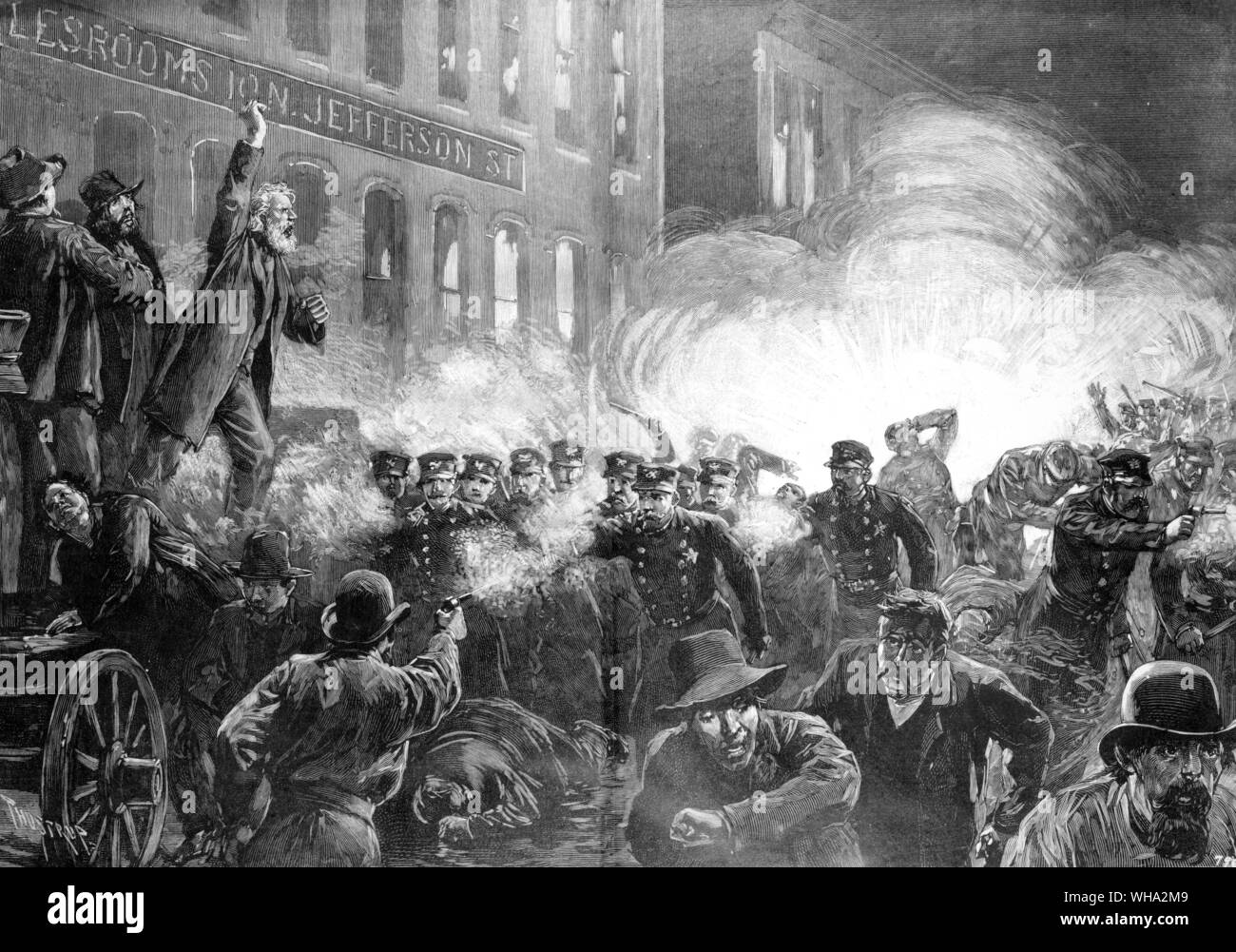 The anarchist riot in Haymarket Square, Chicago 1886 - A dynamite bomb exploding among the police.. . Engraving from Harpers Weekly May 15 1886 Stock Photo