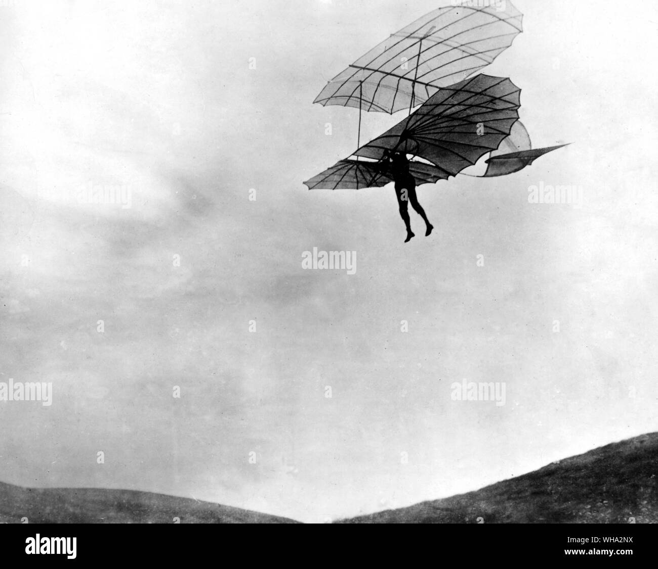 One of the last flights of Otto Lilienthal, made in 1895. Stock Photo