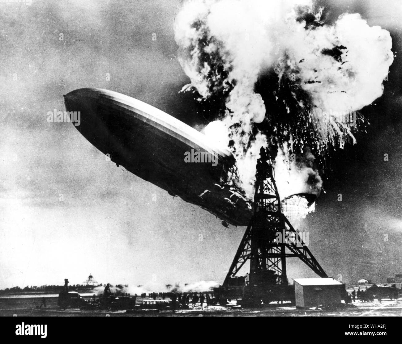 The Hindenburg bursting into flames on preparing to land at Lakehurst, New Jersey, 6 May 1937. Stock Photo