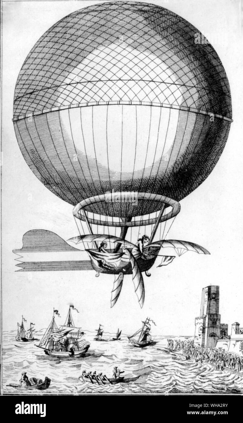 Jean-Pierre Blanchard's balloon crossing the English Channel, 7 January 1785.. Stock Photo