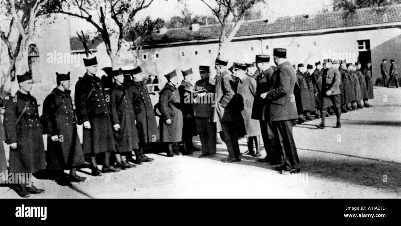 Colonel Nicholas, commanding the 1st regiment of the French Foreign Legion, imspects recruits at Sidi-Bel-Abbes. Stock Photo