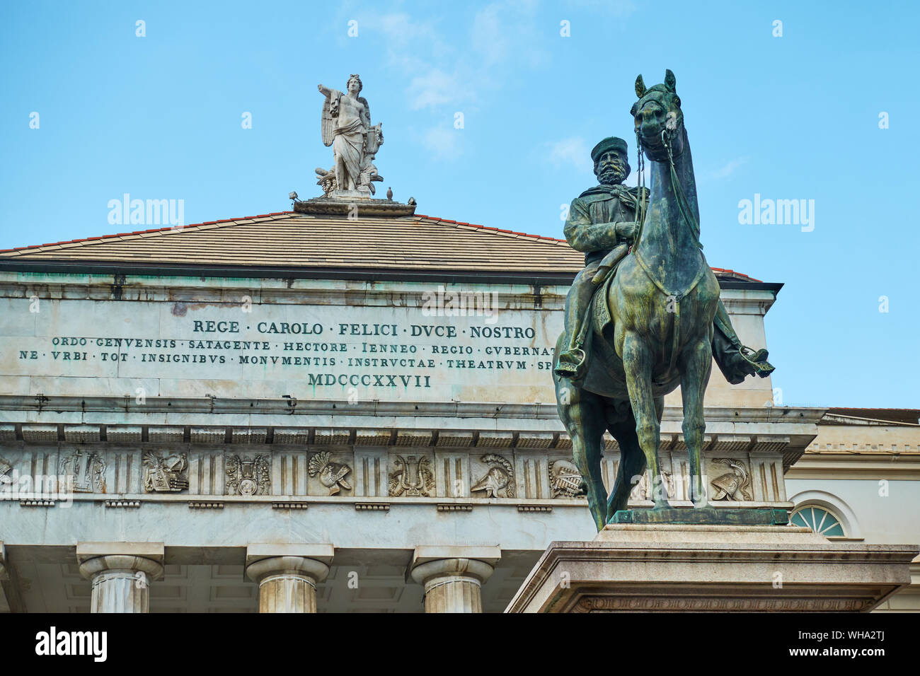 Equestian statue of Giuseppe Garibaldi and opera-house in Genoa Stock Photo