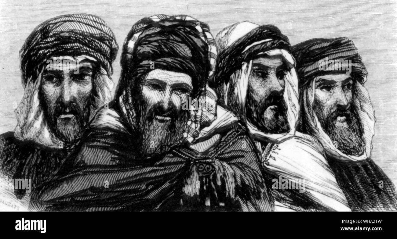 'Four great chiefs of the desert' . l-r: Ben-Aissa, Chief of Sahel; Ben-Hamelauoui, of Ferjourah; Caid-Aly, Chief of Aractas; Boazis-ben-Ganna, Chief of the Desert. Stock Photo