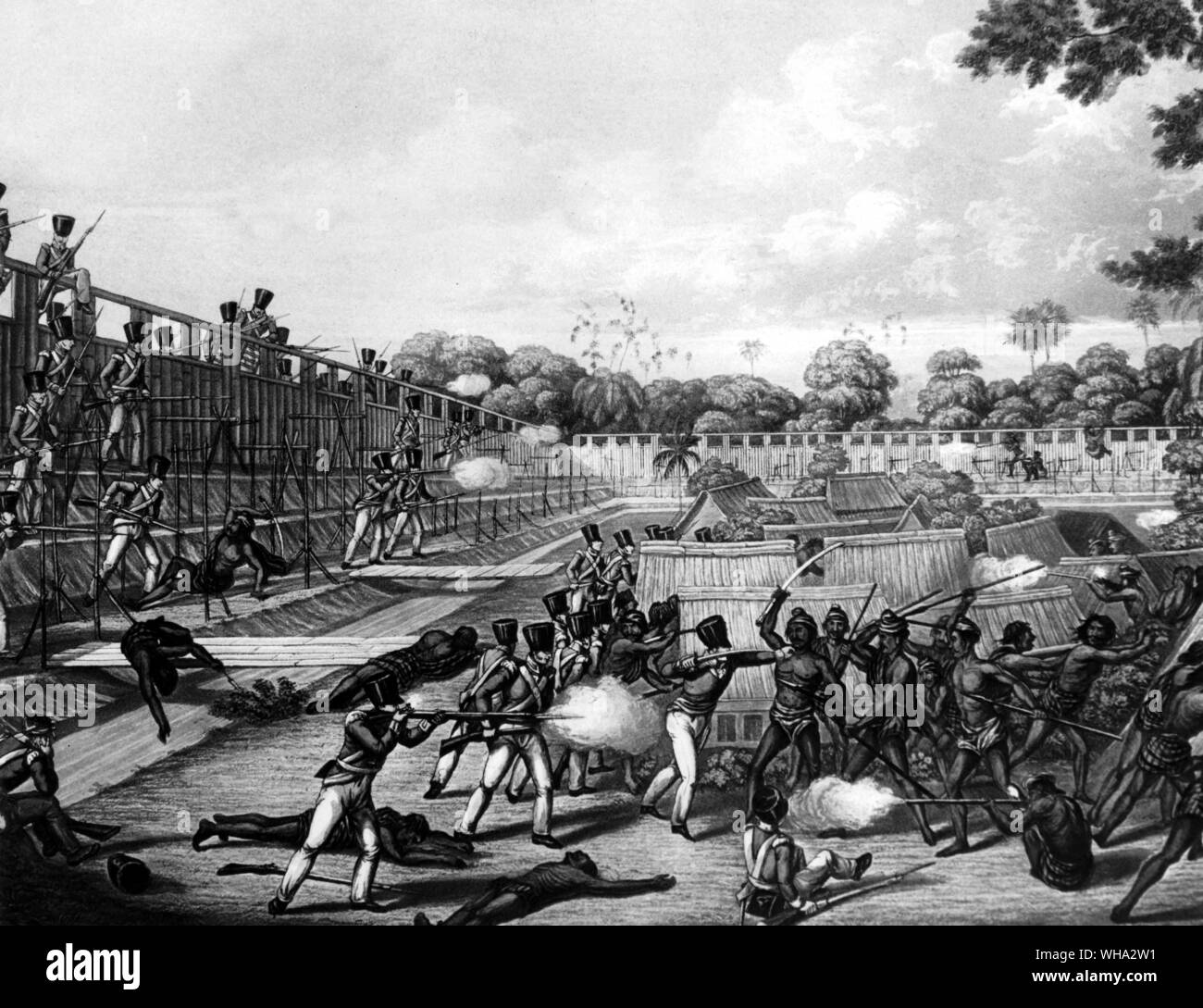 First Burma War. Rangoon. Storming of the principal stockades on its inside. 8th July 1824. Stock Photo