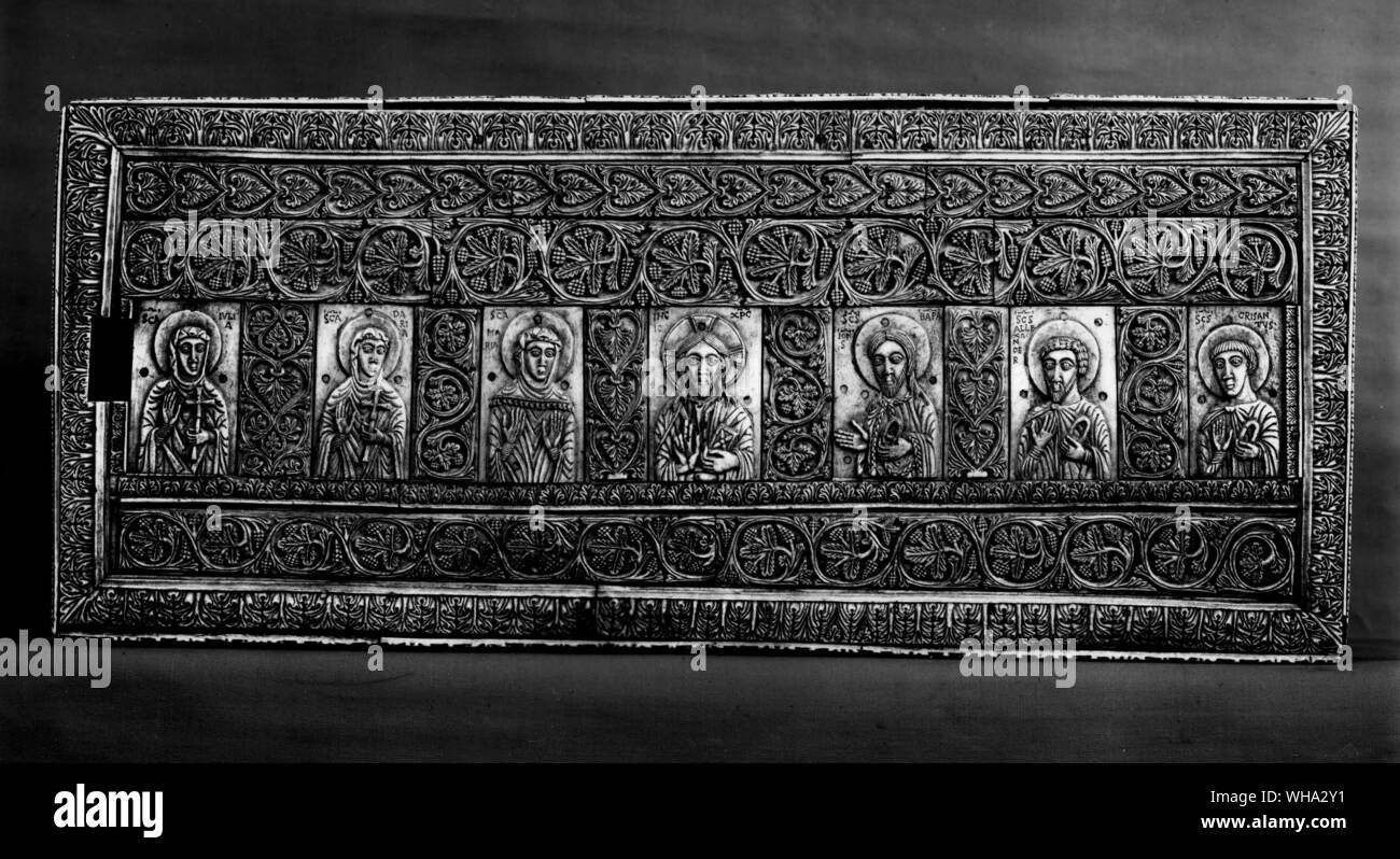 Casket: Half-length figure of Christ, the Virgin and the Apostles and other saints. Walnut covered with bone plaques. Italian, 10th century. Stock Photo