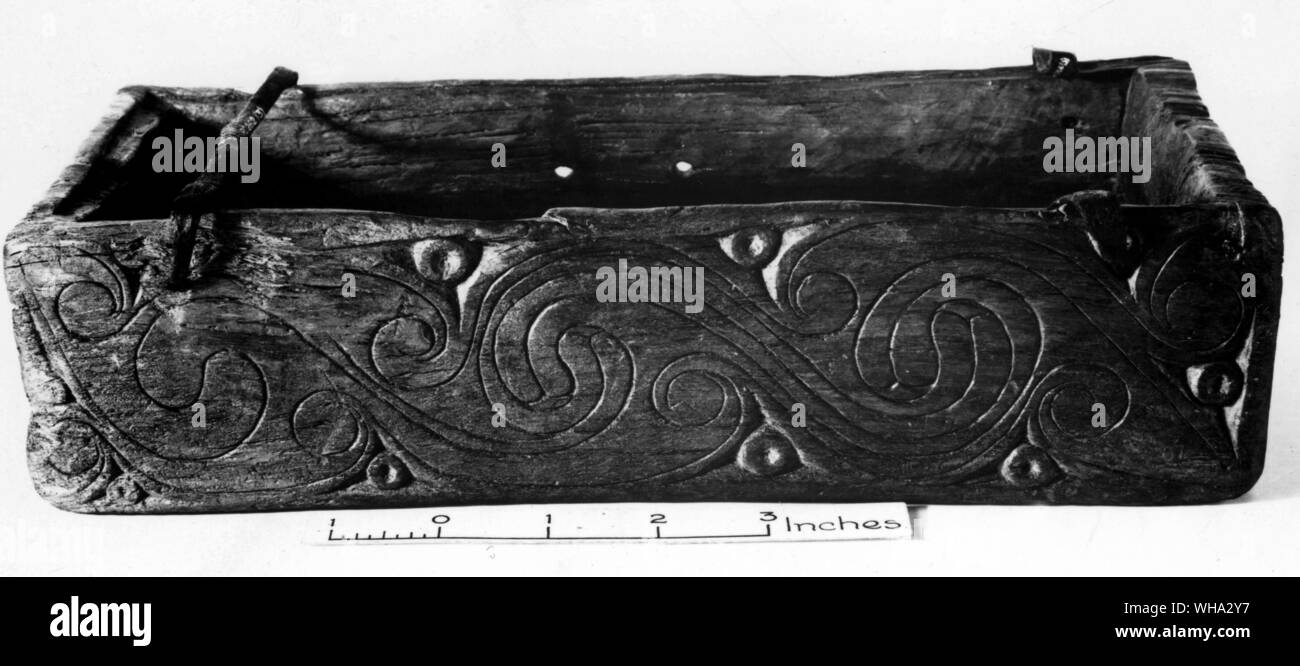 Wooden tool box carved with Celtic patterns. Found in a bog on Orkney. Stock Photo