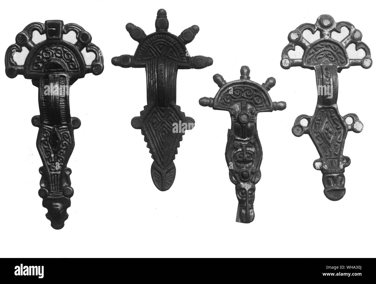 Group of Teutonic brooches from various sites in Europe. Stock Photo