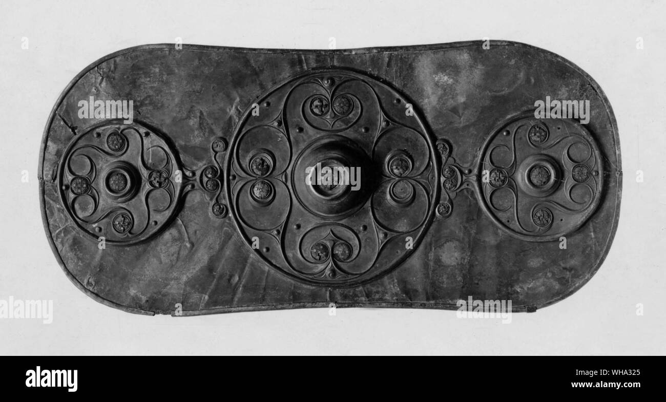Bronze shield with red enamel decoration, 1st century A.D. From the Thames at Battersea. Stock Photo