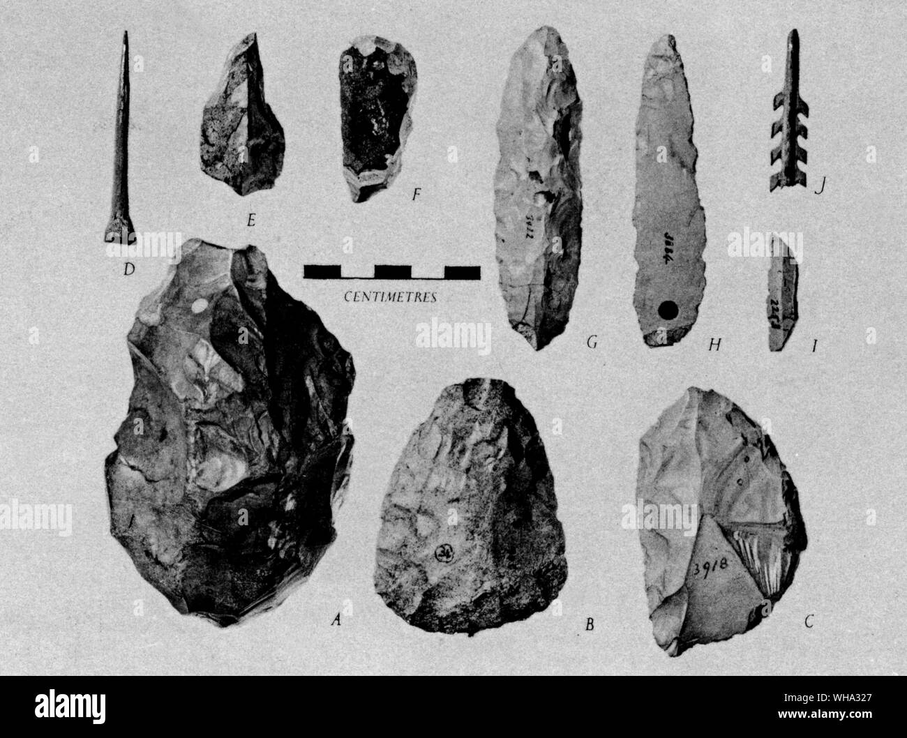 Fossil man: Early stone age artifacts from Kent's Cavern, Torquay, Devon. A - Lower palaeolithic; B & C - Middle palaeolithic; D-J - Upper palaeolithic. Stock Photo