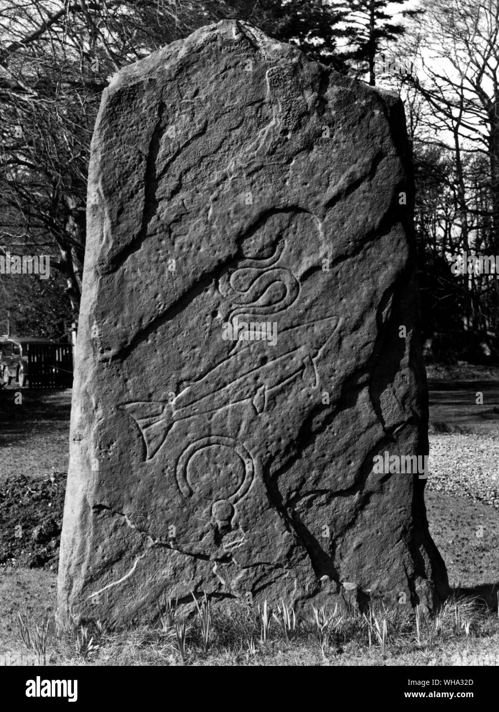 Pictish symbol stones. Glamis stone, 9th century. Angus, Scotland. Stock Photo