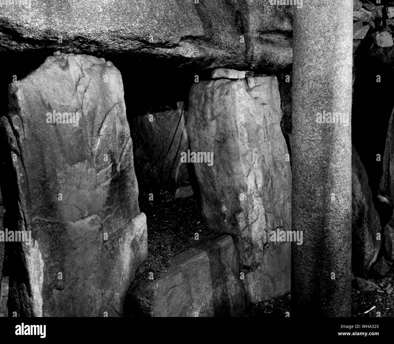 Early man: Jersey, Channel Islands: The tomb chamber at Hougue Bie. Stock Photo