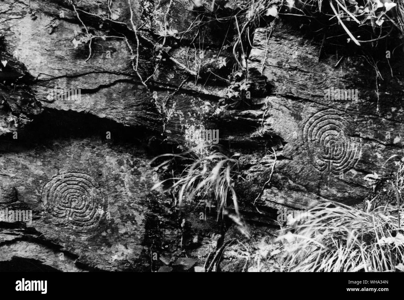 Early man: Mazes carved in rock, Rochy Valley, Cornwall. Stock Photo