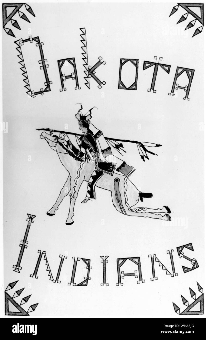 American Indians: A Dakota brave and Medicine-Man painted by a Dakota Indian, Tatanka-Ptecila (Short Bull) The warrior wears the horned head-dress emblematic of devine power, the insignia of the Holy Man or Man of Medicine. The lettering is by Hinook Mahiwi Kilinaka (Angel De Cora). Stock Photo