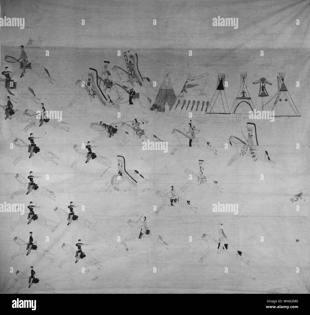 Sheet painted to represent Custer's battle. Made about 1890. Ogdala Sioux. Pine Ridge Reservation, North Dakota. Stock Photo