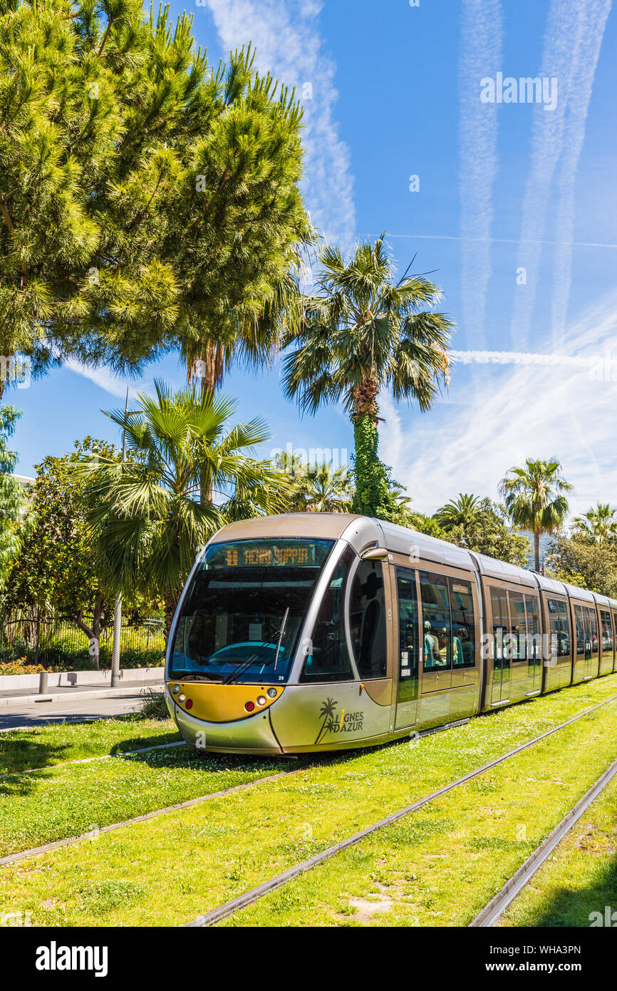 A tram in Nice, Alpes Maritimes, Cote d'Azur, French Riviera, Provence, France, Mediterranean, Europe Stock Photo