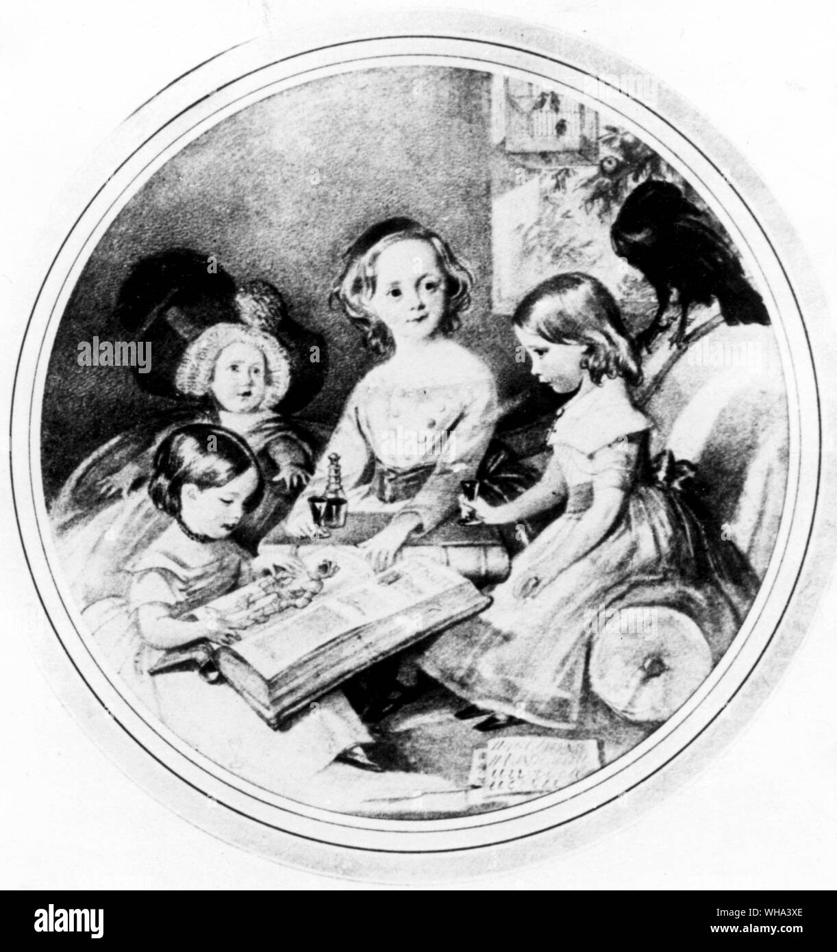 Charles Dickens' four eldest children and Grip the raven. . Dickens, Charles John Huffam (pseudonym Boz) English novelist; wrote novels Pickwick Papers 1836-1837, Oliver Twist 1837-1839, A Christmas Carol 1843, Bleak House 1852-1853, A Tale of Two Cities 1859  1812-1870 . . . Stock Photo