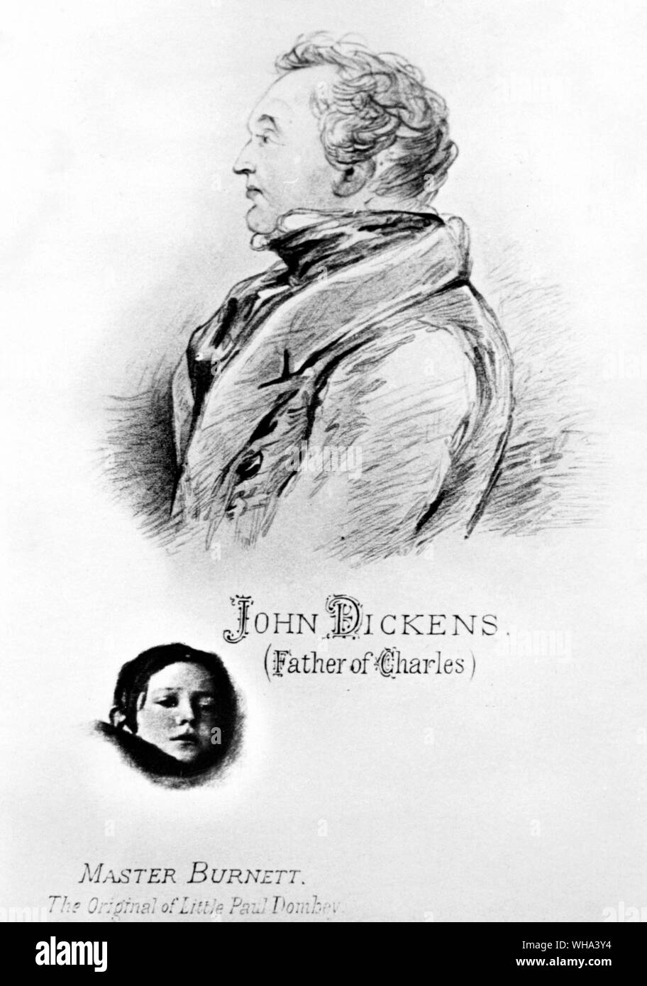 John Dickens (the father of Charles) with Master Burnett (the original of Little Paul Domber). . Dickens, Charles John Huffam (pseudonym Boz) English novelist; wrote novels Pickwick Papers 1836-1837, Oliver Twist 1837-1839, A Christmas Carol 1843, Bleak House 1852-1853, A Tale of Two Cities 1859  1812-1870 . . Stock Photo