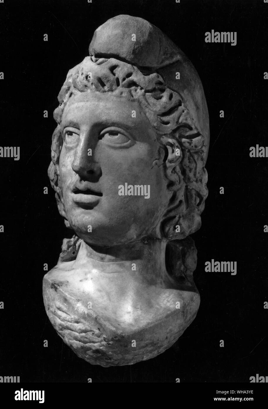 Marble head of Mithras found 1954 at site of 3rd century temple in Walbrook devoted to the Gods worship. The last state pagan religion in Europe was Mithraism. The worship of Mithras, the Invincible Sun god was practised all over the Roman Empire, including the British Isles. The Temples in London and along Hadrian Wall can still be seen today as well some remains in Wales and York. There is no written formal documentation of the Western style of Mithraic Mysteries, the Roman 'Cult of Mithras'. The underground Temples and their paintings, statues and few anti-pagan documents by early Stock Photo