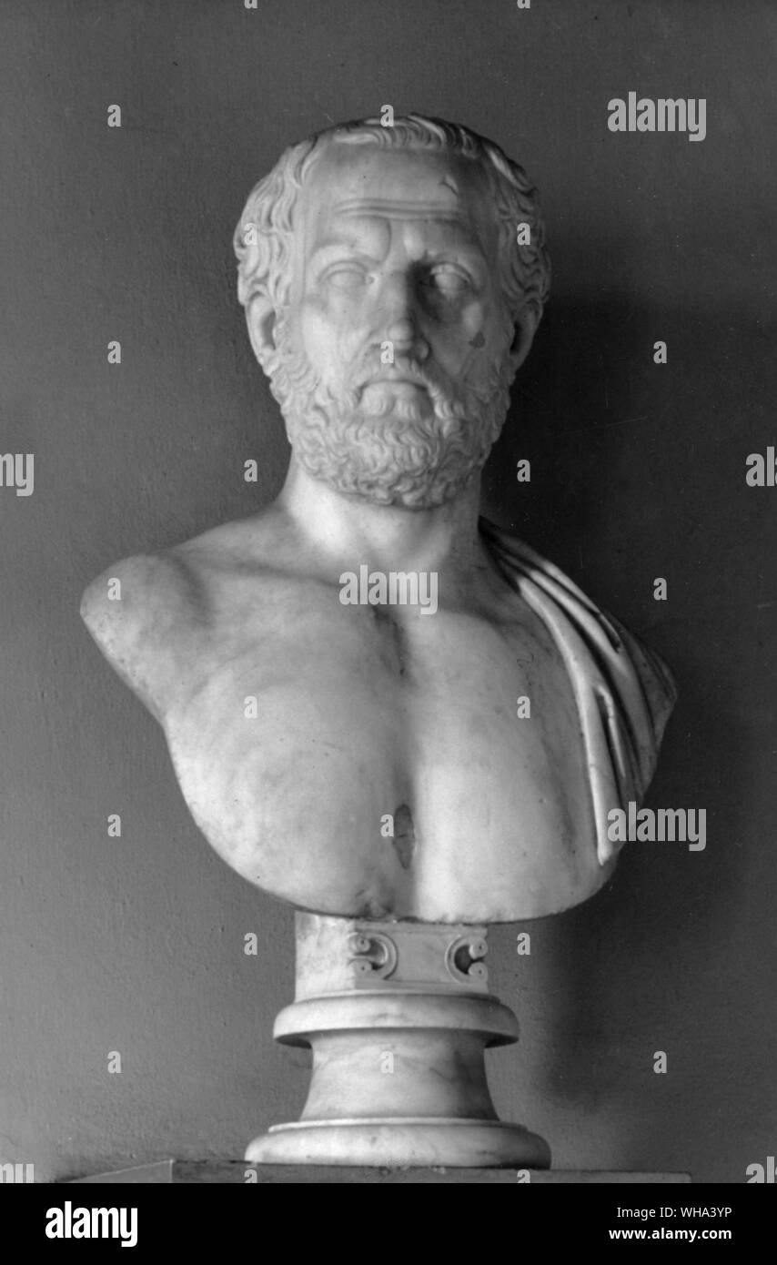Thucydides (c. 460-455 BC - 395 BC) was a Hellenic historian. Thucydides was a wealthy Athenian noble and the son of Olorus the King of Thrace. His wealth came from his family's goldmines at Scapte Hyle on the Thracian coast. Thucydides was connected through family to Miltiades and Cimon. Thucydides lived between his two homes, one in Athens and one in Thrace. His family connections brought him in to contact with the very men who were shaping the history he wrote about. . . Stock Photo