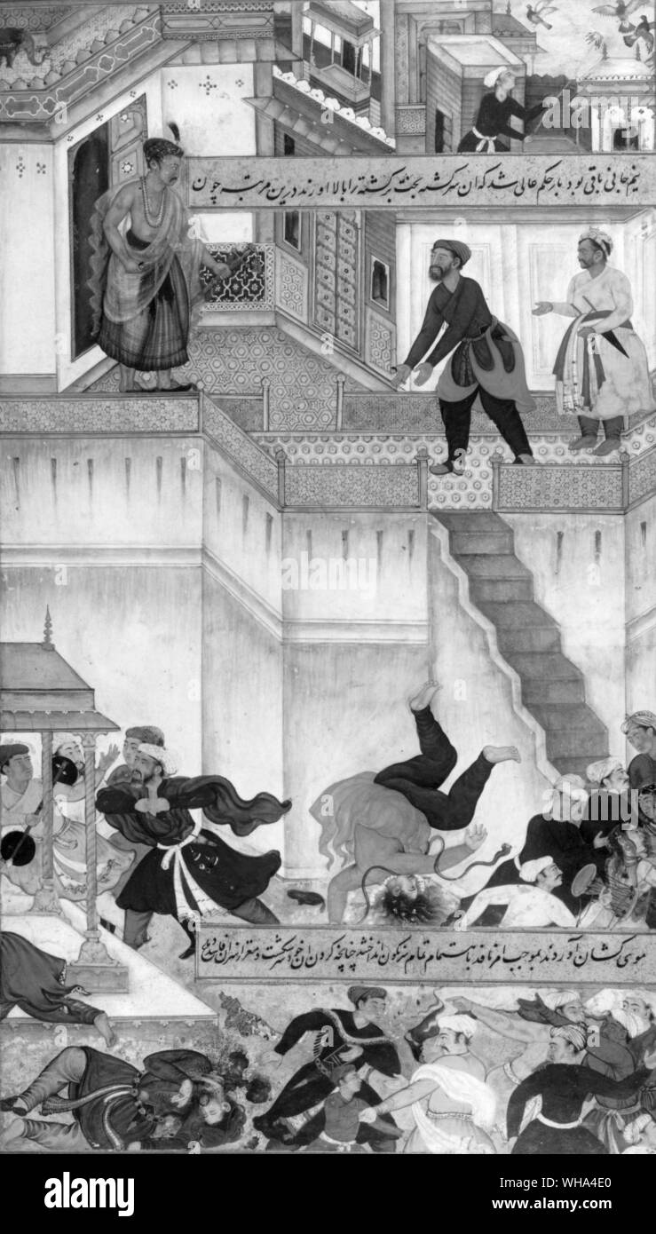The murderer Adham Khan being thrown from the palace walls at Agra on Akbars orders in 1562. In the foreground, the victim, Atgah Khan (Akbars foster father) lying stabbed. Mughal (Akbar) period c 1600 Stock Photo
