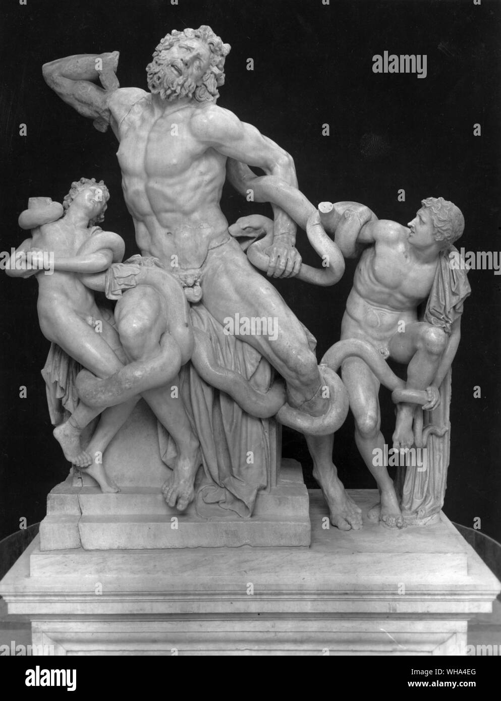 Hagesandros, Athenodoros and Polydoros of Rhodes. Laocoon and his sons. c. 175-150 BC. Marble, height 242 cm (95 1/2 in). Museo Pio Clementino, Vatican. In classical mythology, Laocoon was a priest in Troy during the Trojan War. When the Trojans discovered the Trojan horse outside their gates, Laocoon warned against bringing it into the city, remarking, ÒI am wary of Greeks even when they are bringing gifts.Ó (See ÒBeware of Greeks bearing gifts.Ó) The god Poseidon, who favored the Greeks, then sent two enormous snakes after Laocoon. The creatures coiled themselves around the priest and his Stock Photo