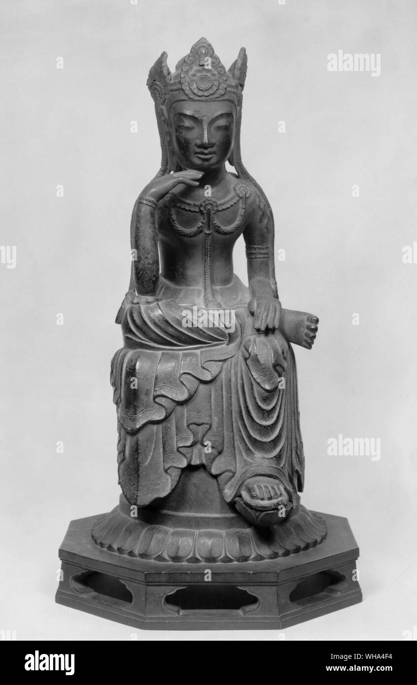 Bronze Maitreya also known as Miroku. Suiko period. Suiko was a Japanese empress 593-628 under her reign Buddhism spread rapidly Stock Photo