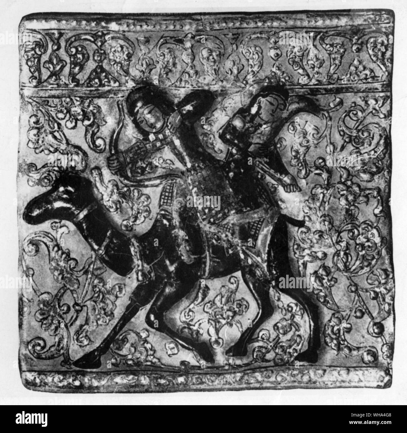 King Bahram V on a camel . 13th century  polychrome porcelain square Stock Photo