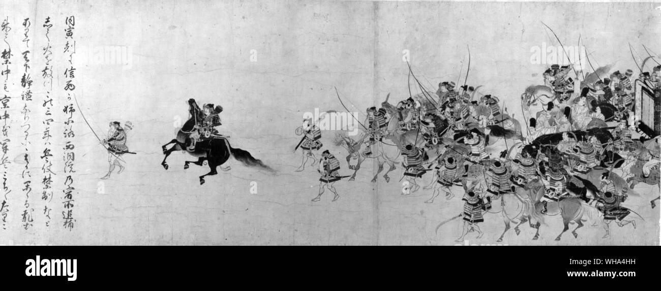 Japanese cavalry marching to battle. Heiji Monogatari. Burning of the Sanjo palace middle 13th century. Kamakura romantic. Japan.. Heiji Monogatari. The historic struggle for power between the Taira and the Minamoto clans are the subject of these dramatic e-maki.. Considered by many to be the finest example of a battle scene in all Japanese art, the opening scene of this scroll shows how several hundred Minamoto clan warriors encircled the Sanjo Palace to abduct the retired emperor and his sister. Other occupants of the palace were Òshot or hacked to deathÓ. Women of the court escaped the Stock Photo