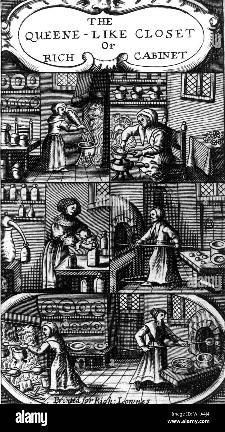 The Restoration housewife: recipes and domestic scenes from Hannah Wolley, a seventeenth-century Mrs Beeton. The Queen-like Closet or Rich Cabinet. Taken from Pepys, Samuel English diarist and naval administrator; kept diary 1660-1669 (published 1893-1899); president of Royal Society 1684-1686  1633-1703 Stock Photo