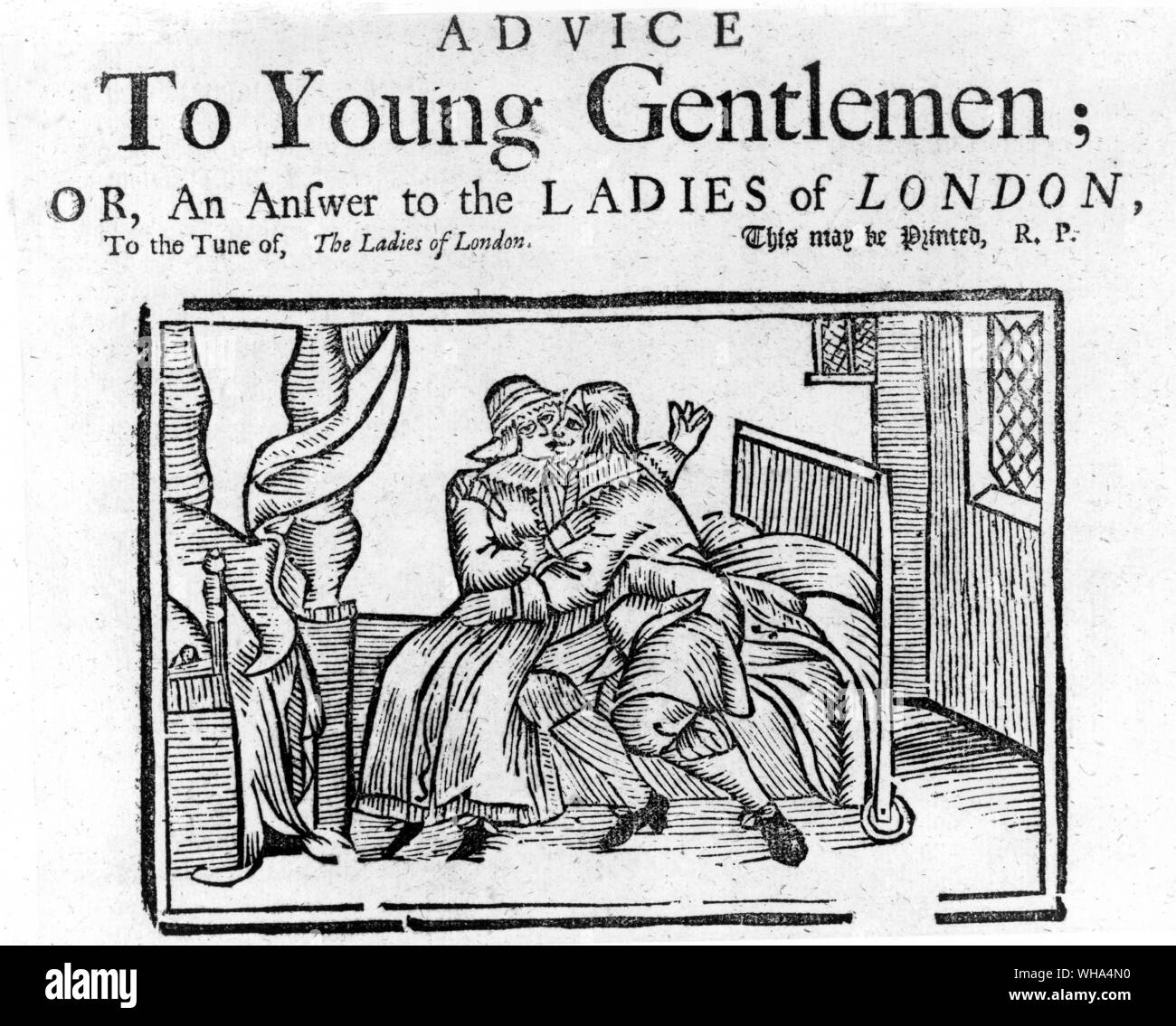 From 'Advice to Young Gentleman', a broadsheet ballad - or An Answer to the Ladies of London. Taken from Pepys, Samuel English diarist and naval administrator; kept diary 1660-1669 (published 1893-1899); president of Royal Society 1684-1686  1633-1703 Stock Photo